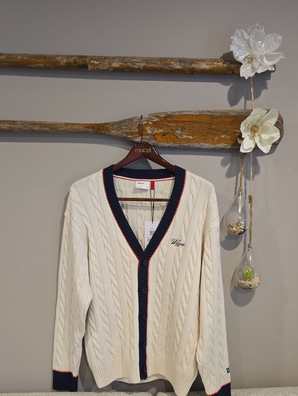 Wilson Cream Cable Knit Sweater with Navy Embroidery